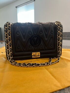 Valentino by Mario Valentino Black Quilted VLogo Stud Leather Shoulder Bag